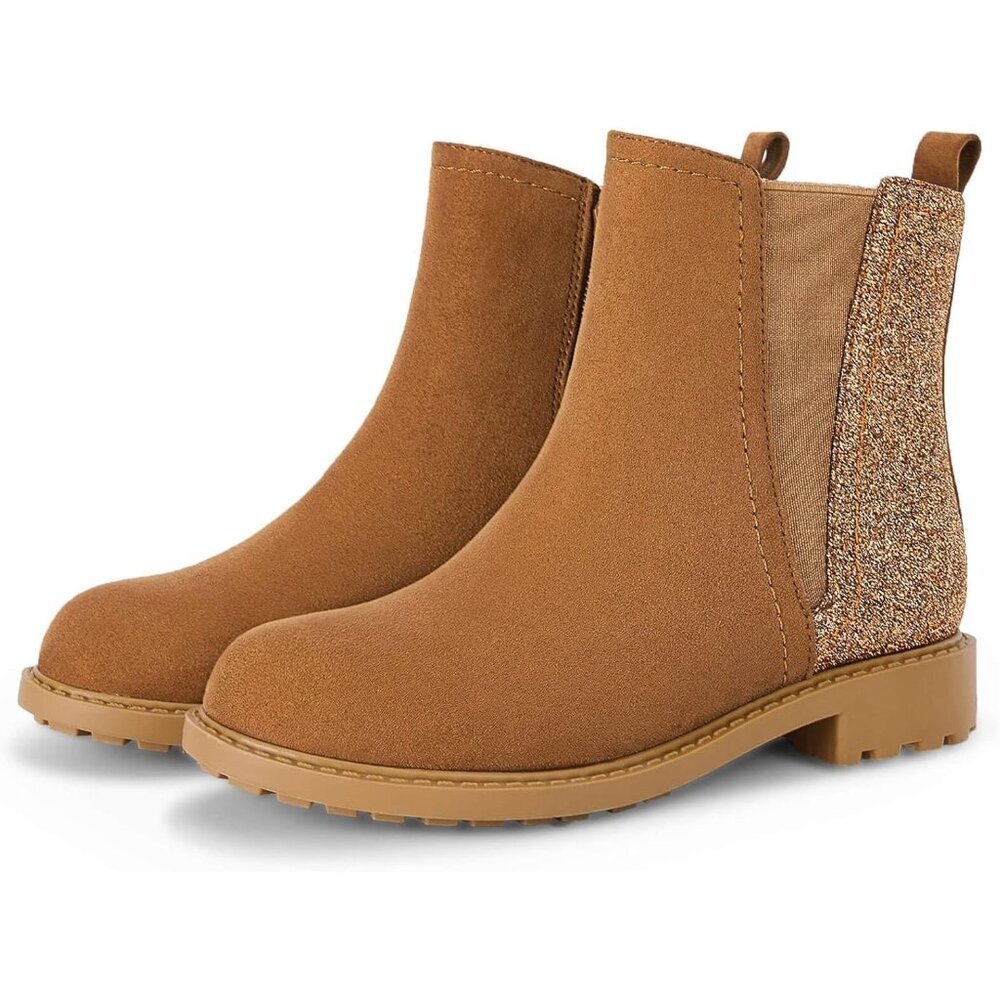 Girls Glitter Brown Ankle Boots Side Zipper Comfortable Chelsea Dress Booties